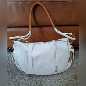 Fossil White Canvas Shoulder Bag with Brown Leather Handles